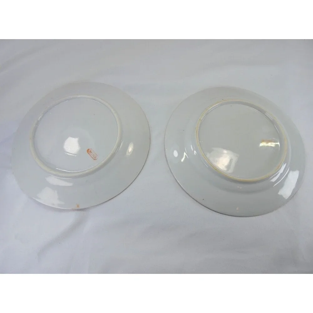 Pair of Antique Canton Famille Rose Porcelain Plates Hand‑Painted Excellent